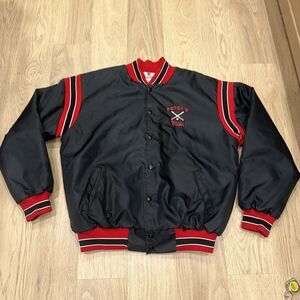 Vintage Rennoc Nylon Varsity Bomber Jacket 70s Baseball Black Red Mens XL
